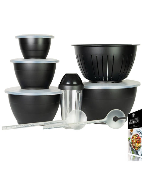 Thiru Salatschüssel 6 oder 8 Teilig 0,6L/1,3L/2,5L/4,4L - mit Deckel, Seiher, Salatbesteck, Spülmaschinenfest