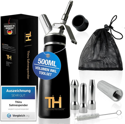Thiru Sahnespender 500ml inkl. 3 Edelstahl Tüllen - Sahnesyphon mit E-Book