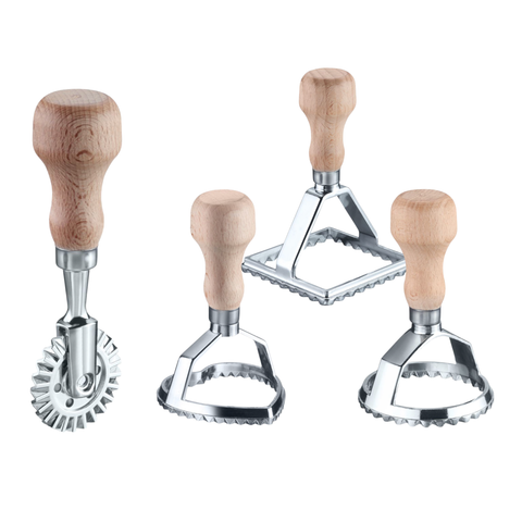 Ravioli & Pasta Set – 3 Ausstecher + Teigrad, Edelstahl & Holz, für frische hausgemachte Ravioli