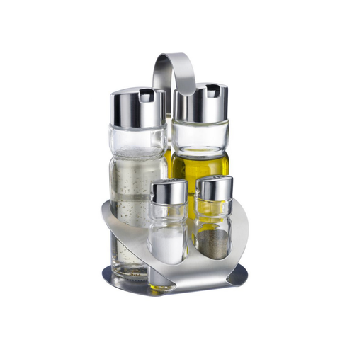 Thiru Menage-Set 4-teilig – Salz, Pfeffer, Essig & Öl mit Tragegriff und Dosierfunktion