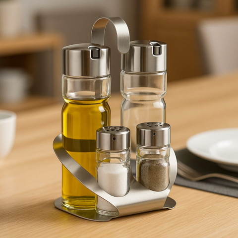 Thiru Menage-Set 4-teilig – Salz, Pfeffer, Essig & Öl mit Tragegriff und Dosierfunktion