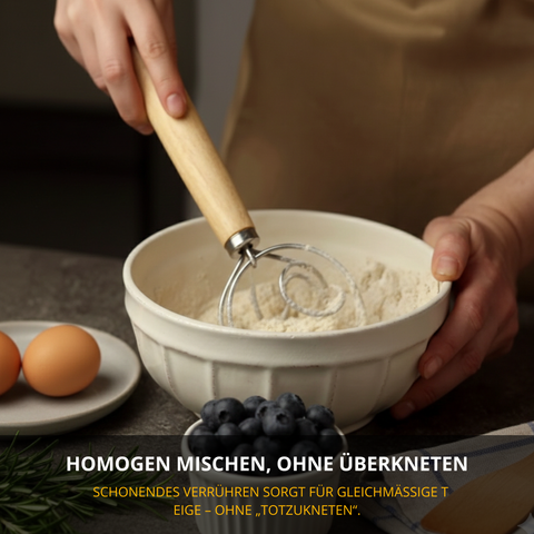 Thiru Dänischer Schneebesen „Woody“ – offene Spiralform für Brotteig, Sauerteig & Rührteig, Edelstahl & Buchenholz