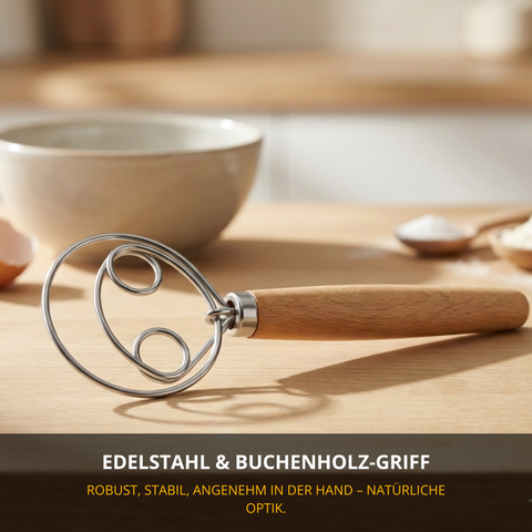Thiru Dänischer Schneebesen „Woody“ – offene Spiralform für Brotteig, Sauerteig & Rührteig, Edelstahl & Buchenholz