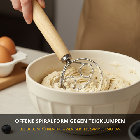Thiru Dänischer Schneebesen „Woody“ – offene Spiralform für Brotteig, Sauerteig & Rührteig, Edelstahl & Buchenholz