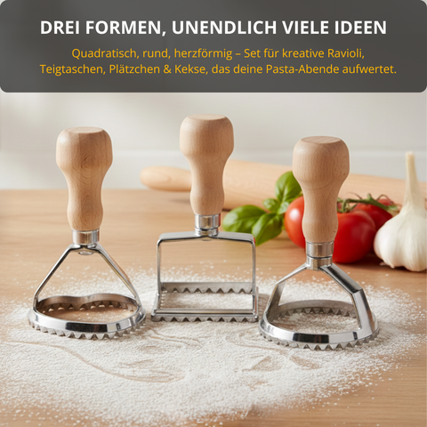 Ravioli & Pasta Set – 3 Ausstecher + Teigrad, Edelstahl & Holz, für frische hausgemachte Ravioli
