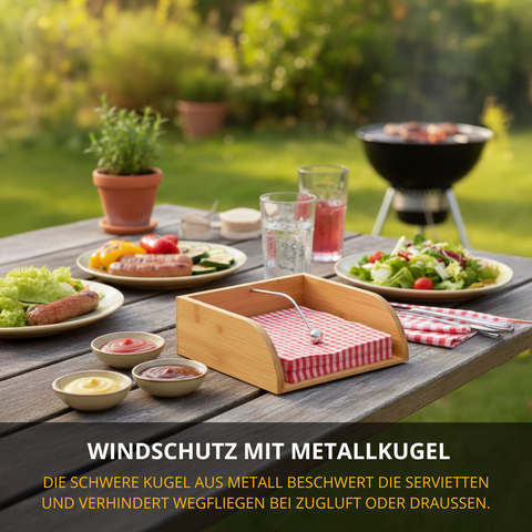 Thiru Serviettenhalter „Tapas + Friends“ – Bambus mit Windschutz-Kugel, ideal für Tisch & Terrasse