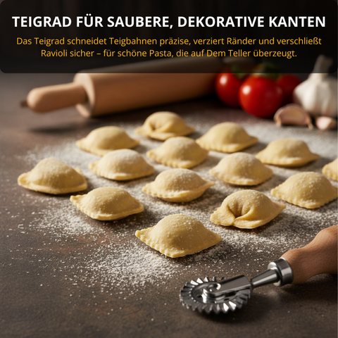 Ravioli & Pasta Set – 3 Ausstecher + Teigrad, Edelstahl & Holz, für frische hausgemachte Ravioli