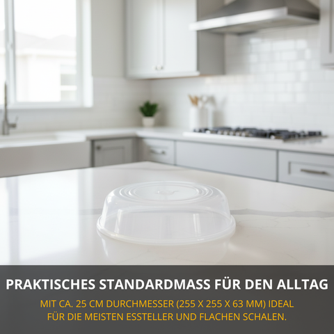 Thiru Mikrowellen-Abdeckhaube Ø 25 cm – transparenter Kunststoff-Deckel, spritzgeschützt, spülmaschinengeeignet, Made in Germany