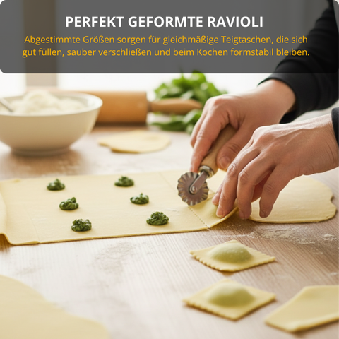 Ravioli & Pasta Set – 3 Ausstecher + Teigrad, Edelstahl & Holz, für frische hausgemachte Ravioli