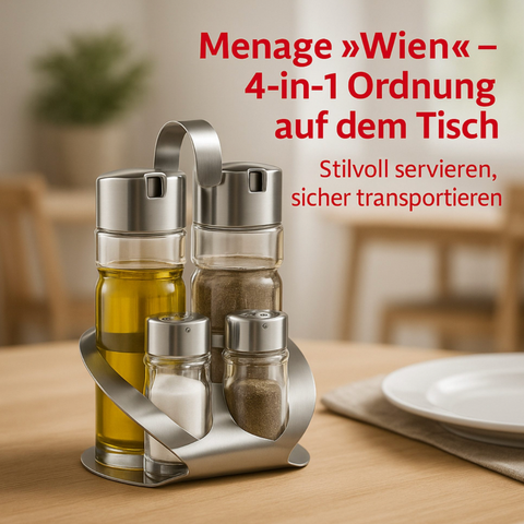 Thiru Menage-Set 4-teilig – Salz, Pfeffer, Essig & Öl mit Tragegriff und Dosierfunktion