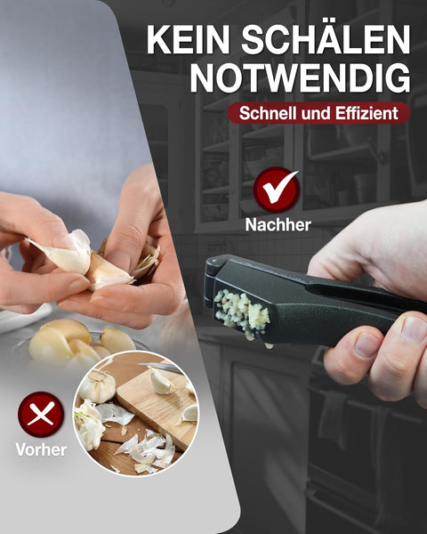 Thiru Knoblauchpresse - Ideal für Ingwer, Zwiebeln & Kapern - Kein Schälen notwendig - inkl. E-Book mit 25 Rezepten - Made in Germany