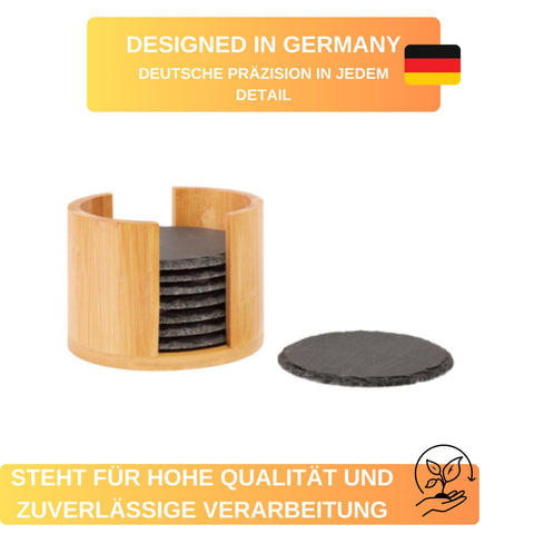 Thiru Getränkeuntersetzer Set – 8 Schiefer-Untersetzer rund Ø 10 cm mit rutschfesten Füßen