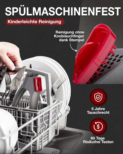 Thiru Knoblauchpresse - Ideal für Ingwer, Zwiebeln & Kapern - Kein Schälen notwendig - inkl. E-Book mit 25 Rezepten - Made in Germany