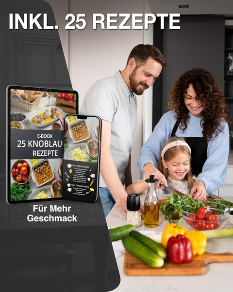 Thiru Knoblauchpresse - Ideal für Ingwer, Zwiebeln & Kapern - Kein Schälen notwendig - inkl. E-Book mit 25 Rezepten - Made in Germany