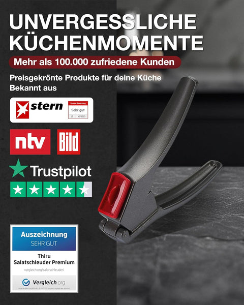 Thiru Knoblauchpresse - Ideal für Ingwer, Zwiebeln & Kapern - Kein Schälen notwendig - inkl. E-Book mit 25 Rezepten - Made in Germany