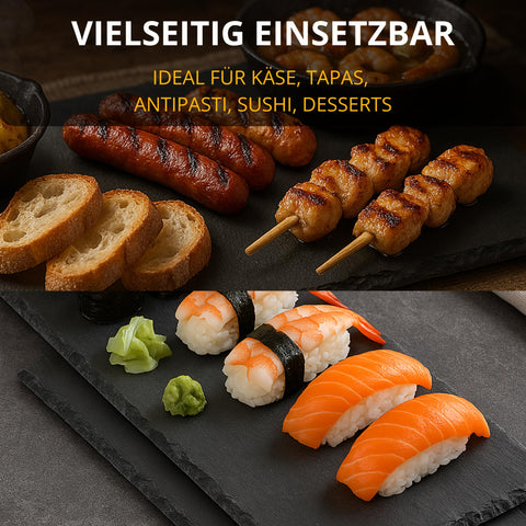 Thiru Premium Schieferplatten - zum Servieren & Beschriften - Ideal als Buffet oder Käseplatte - inkl. Ersatz Gummi Füße