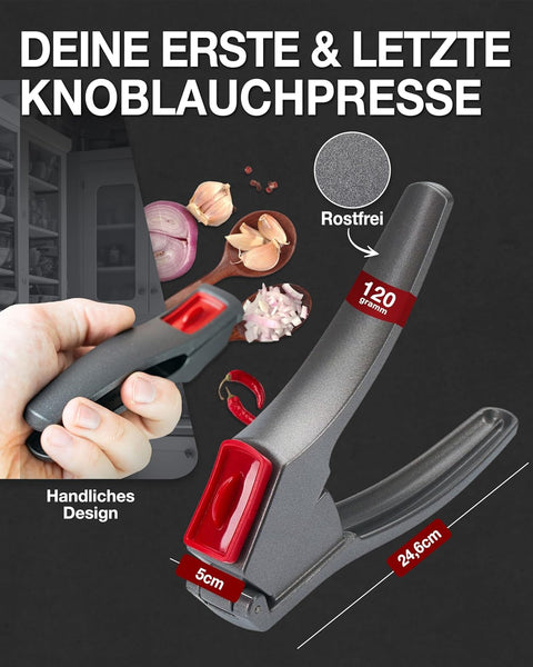 Thiru Knoblauchpresse - Ideal für Ingwer, Zwiebeln & Kapern - Kein Schälen notwendig - inkl. E-Book mit 25 Rezepten - Made in Germany