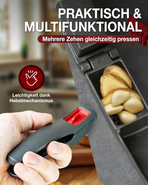 Thiru Knoblauchpresse - Ideal für Ingwer, Zwiebeln & Kapern - Kein Schälen notwendig - inkl. E-Book mit 25 Rezepten - Made in Germany