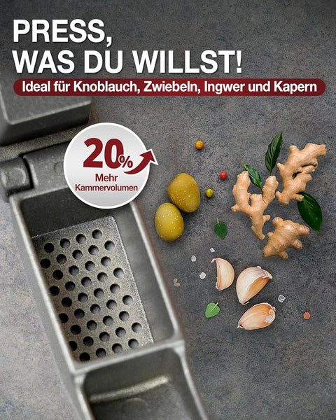 Thiru Knoblauchpresse - Ideal für Ingwer, Zwiebeln & Kapern - Kein Schälen notwendig - inkl. E-Book mit 25 Rezepten - Made in Germany
