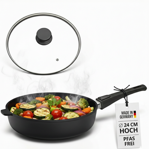 Lieblingspfanne Bratpfanne 24-28 cm Ø - flach oder hoher Rand - Für alle Herdarten & Induktion - PFAS-frei mit 4D Antihaft-Veredelung - für krosses Anbraten & Röstaromen - 100 Tage testen - inkl. E-Book