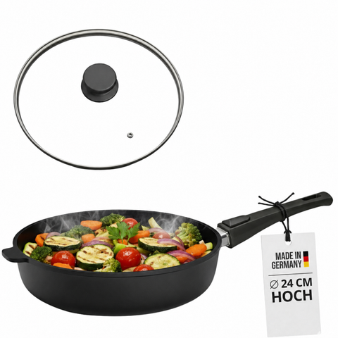 Lieblingspfanne Bratpfanne 24-28 cm Ø - flach oder hoher Rand - Für alle Herdarten & Induktion - mit Glasdeckel & 4D Antihaft-Veredelung - für krosses Anbraten & Röstaromen - 100 Tage testen - inkl. E-Book