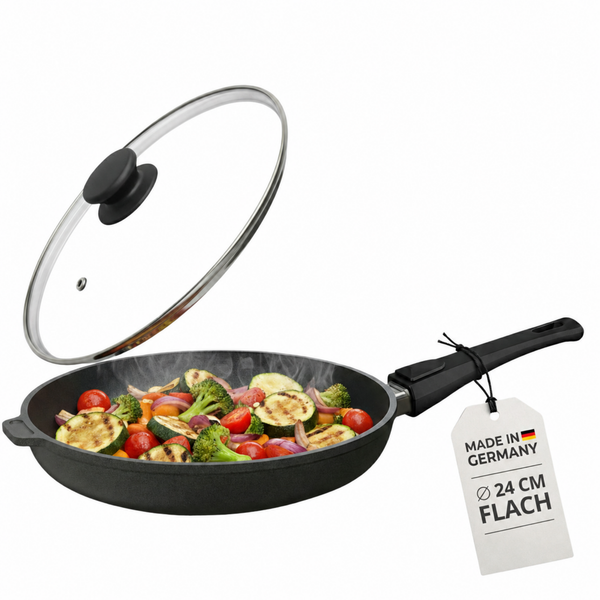 Lieblingspfanne Bratpfanne 24-28 cm Ø - flach oder hoher Rand - Für alle Herdarten & Induktion - mit Glasdeckel & 4D Antihaft-Veredelung - für krosses Anbraten & Röstaromen - 100 Tage testen - inkl. E-Book