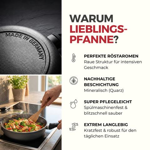 Lieblingspfanne Bratpfanne 24-28 cm Ø - flach oder hoher Rand - Für alle Herdarten & Induktion - mit Glasdeckel & 4D Antihaft-Veredelung - für krosses Anbraten & Röstaromen - 100 Tage testen - inkl. E-Book