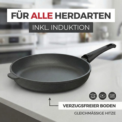 Lieblingspfanne Bratpfanne 24-28 cm Ø - flach oder hoher Rand - Für alle Herdarten & Induktion - mit Glasdeckel & 4D Antihaft-Veredelung - für krosses Anbraten & Röstaromen - 100 Tage testen - inkl. E-Book