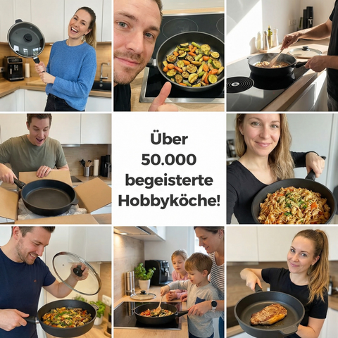 Lieblingspfanne Bratpfanne 24-28 cm Ø - flach oder hoher Rand - Für alle Herdarten & Induktion - mit Glasdeckel & 4D Antihaft-Veredelung - für krosses Anbraten & Röstaromen - 100 Tage testen - inkl. E-Book