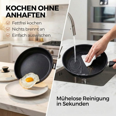 Lieblingspfanne Bratpfanne 24-28 cm Ø - flach oder hoher Rand - Für alle Herdarten & Induktion - mit Glasdeckel & 4D Antihaft-Veredelung - für krosses Anbraten & Röstaromen - 100 Tage testen - inkl. E-Book