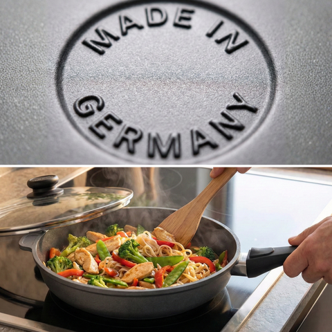 Lieblingspfanne Bratpfanne 24-28 cm Ø - flach oder hoher Rand - Für alle Herdarten & Induktion - mit Glasdeckel & 4D Antihaft-Veredelung - für krosses Anbraten & Röstaromen - 100 Tage testen - inkl. E-Book