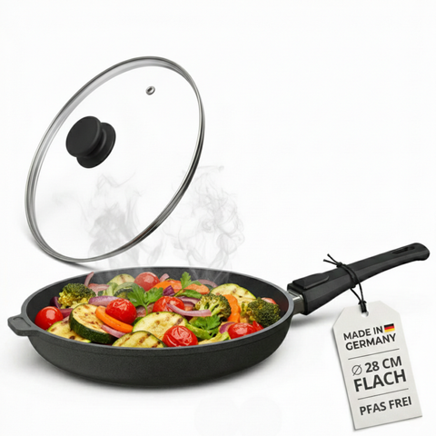 Lieblingspfanne Bratpfanne 24-28 cm Ø - flach oder hoher Rand - Für alle Herdarten & Induktion - PFAS-frei mit 4D Antihaft-Veredelung - für krosses Anbraten & Röstaromen - 100 Tage testen - inkl. E-Book