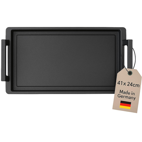 Thiru Teppanyaki Grillplatte 41×24 cm „Lieblingspfanne“ – glatte Antihaft-Plancha aus Aluguss mit Seitengriffen, für Induktion/Ofen, inkl. Grillzange