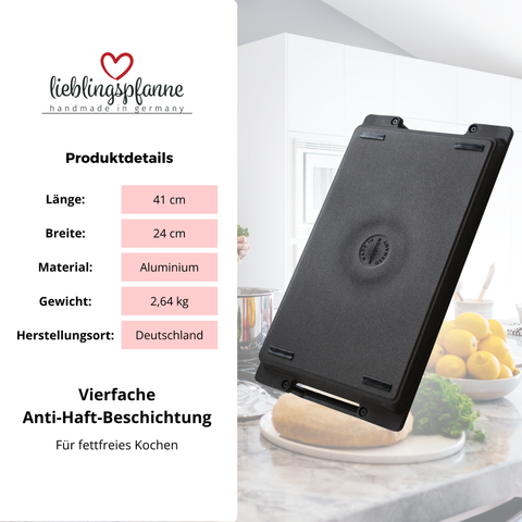 Thiru Teppanyaki Grillplatte 41×24 cm „Lieblingspfanne“ – glatte Antihaft-Plancha aus Aluguss mit Seitengriffen, für Induktion/Ofen, inkl. Grillzange