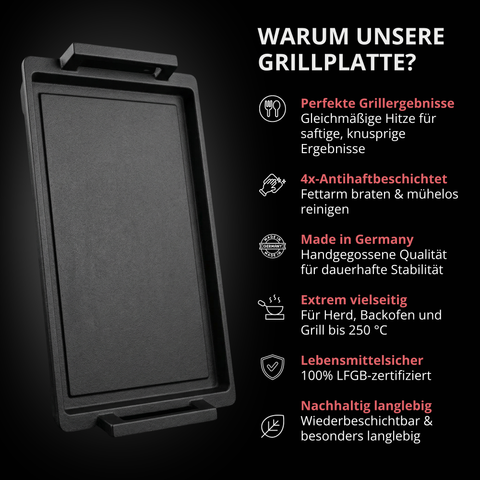 Thiru Teppanyaki Grillplatte 41×24 cm „Lieblingspfanne“ – glatte Antihaft-Plancha aus Aluguss mit Seitengriffen, für Induktion/Ofen, inkl. Grillzange