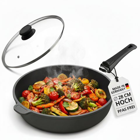 Lieblingspfanne Bratpfanne 24-28 cm Ø - flach oder hoher Rand - Für alle Herdarten & Induktion - PFAS-frei mit 4D Antihaft-Veredelung - für krosses Anbraten & Röstaromen - 100 Tage testen - inkl. E-Book