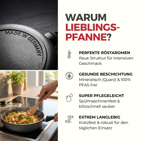 Lieblingspfanne Bratpfanne 24-28 cm Ø - flach oder hoher Rand - Für alle Herdarten & Induktion - PFAS-frei mit 4D Antihaft-Veredelung - für krosses Anbraten & Röstaromen - 100 Tage testen - inkl. E-Book