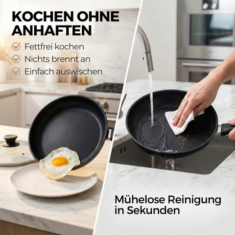 Lieblingspfanne Bratpfanne 24-28 cm Ø - flach oder hoher Rand - Für alle Herdarten & Induktion - PFAS-frei mit 4D Antihaft-Veredelung - für krosses Anbraten & Röstaromen - 100 Tage testen - inkl. E-Book