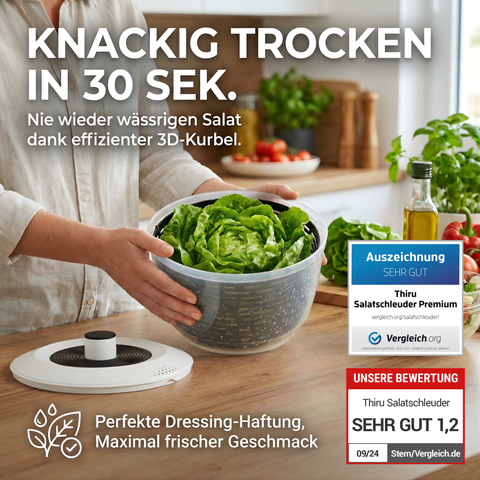 Thiru Salatschleuder 5L - BPA FREI - 2in1 Schleuder & Salatschüssel - Ausgezeichnet mit Note sehr gut