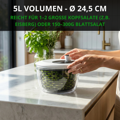 Thiru Salatschleuder 5L - BPA FREI - 2in1 Schleuder & Salatschüssel - Ausgezeichnet mit Note sehr gut