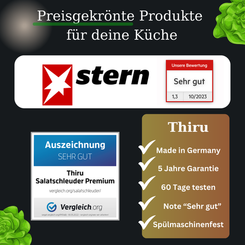 Thiru Salatschleuder 5L - BPA FREI - 2in1 Schleuder & Salatschüssel - Ausgezeichnet mit Note sehr gut