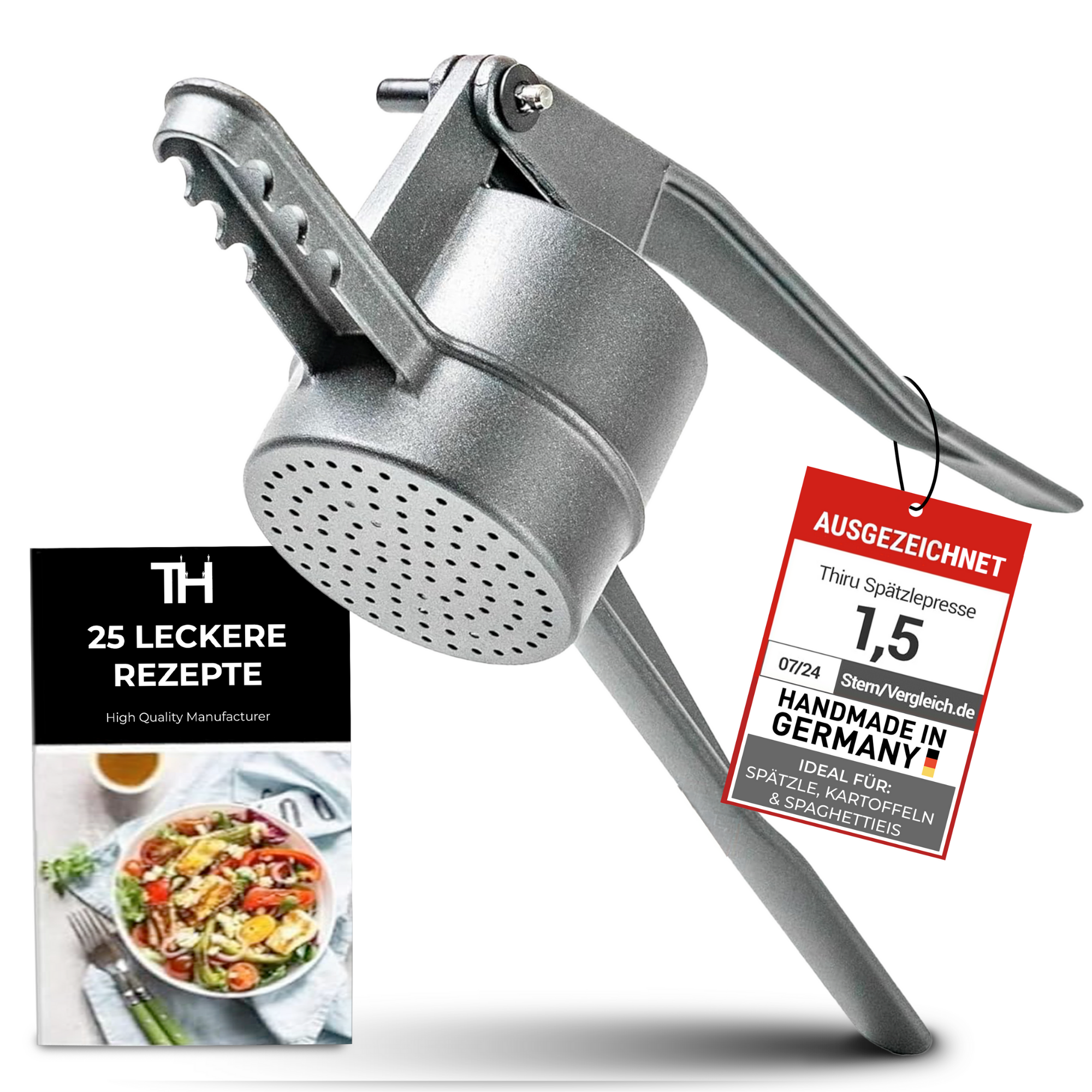 Thiru Spätzlepresse Kartoffelpresse mit Auflagerasten - Spätzle, Kartoffeln, Saft, Knöpfle, Made in Germany