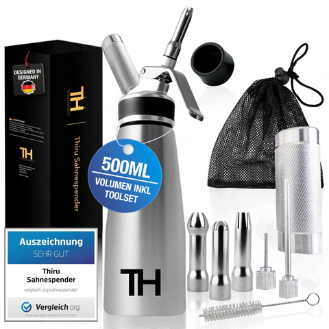 Thiru Sahnespender 500ml inkl. 3 Edelstahl Tüllen - Sahnesyphon mit E-Book