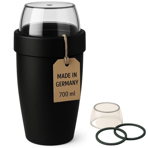 Thiru Müslibecher 2-in-1 700 ml – auslaufsicher (500 + 200 ml), mikrowellen- & tiefkühlgeeignet, BPA-frei – Midnight Edition