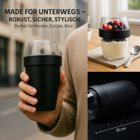 Thiru Müslibecher 2-in-1 700 ml – auslaufsicher (500 + 200 ml), mikrowellen- & tiefkühlgeeignet, BPA-frei – Midnight Edition