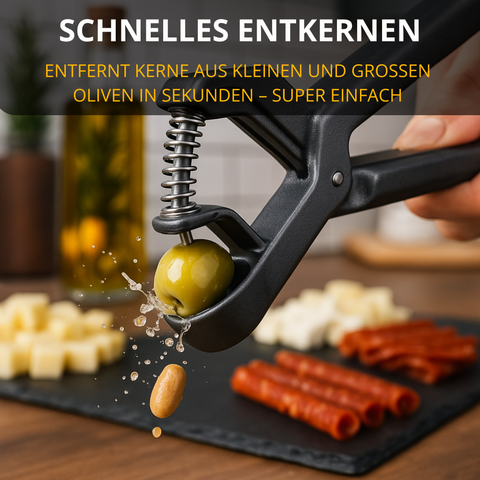 Thiru Olivenentkerner – für kleine & große Oliven, Einhand-Bedienung mit Feder, ergonomischer Griff