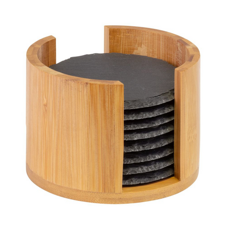 Thiru Getränkeuntersetzer Set – 8 Schiefer-Untersetzer rund Ø 10 cm mit rutschfesten Füßen