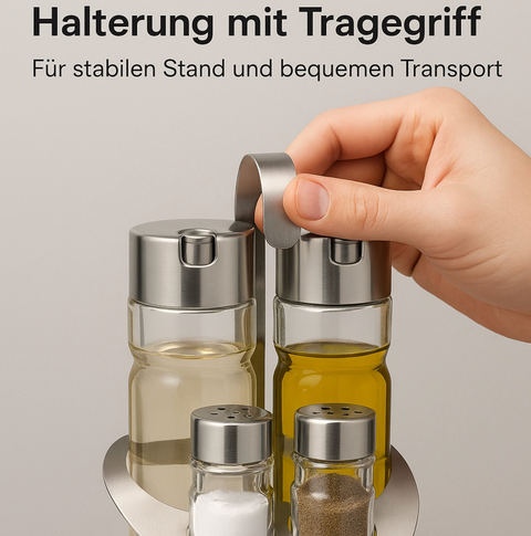 Thiru Menage-Set 4-teilig – Salz, Pfeffer, Essig & Öl mit Tragegriff und Dosierfunktion