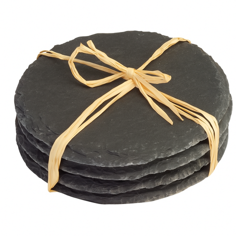 Thiru Getränkeuntersetzer Set – 8 Schiefer-Untersetzer rund Ø 10 cm mit rutschfesten Füßen