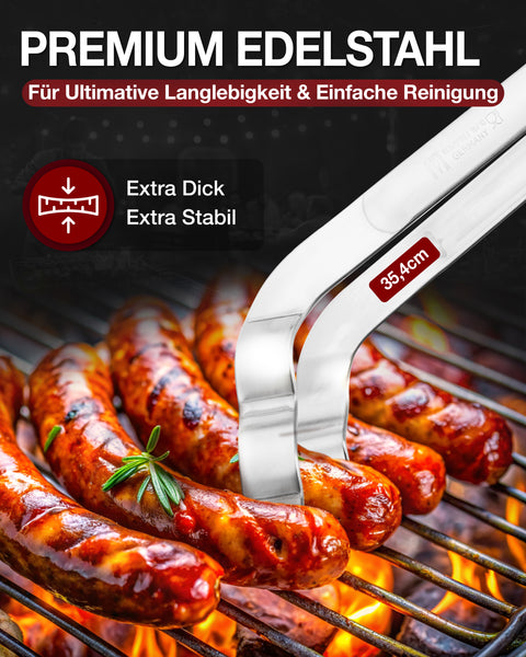 Thiru Grillzange gebogen 34 cm – Edelstahl Einstück-Zange mit gewelltem Greifende & Profi-Qualität